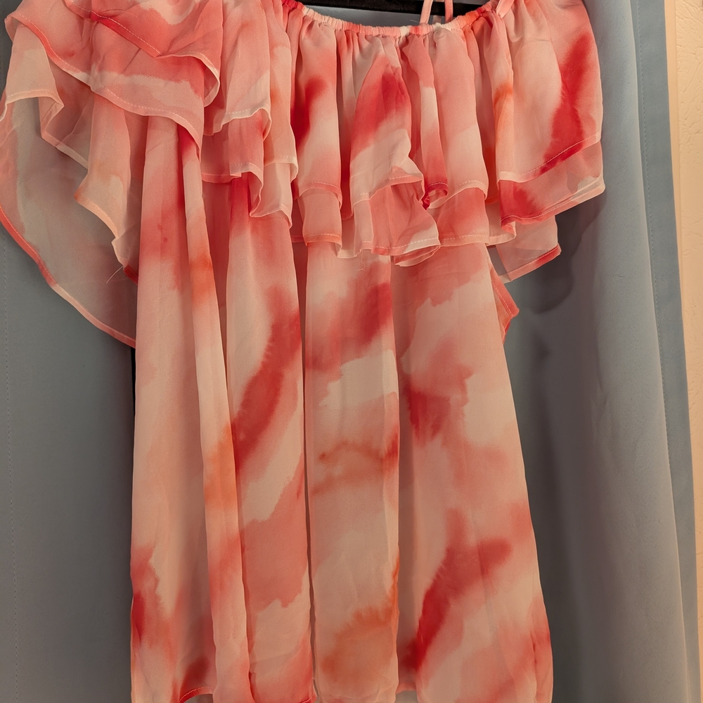 New York & Company Pink Ruffled Short Sleeve Blouse